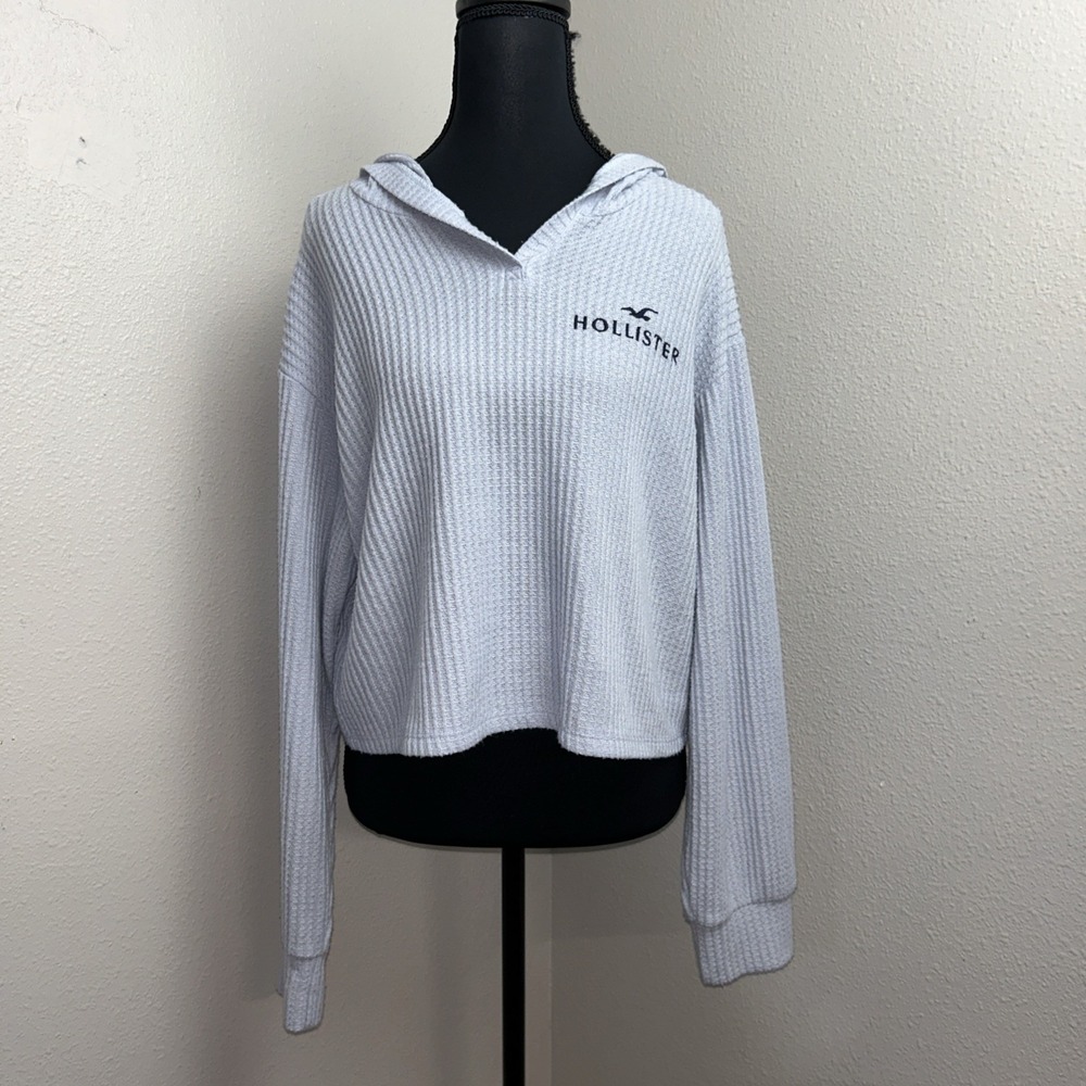 Hollister Cropped Waffle Knit Hoodie Women's XS Blue Thermal Y2K‎ Casual